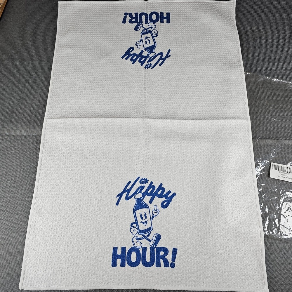 Happy Hour Retro Waffle Weave Kitchen Bar Hand Towel Blue White 16x24